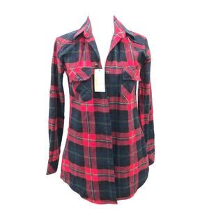 Matchstick Red Plaid Flannel Shirt Roll Tab Sleeves Tie Back Waist XS NWT